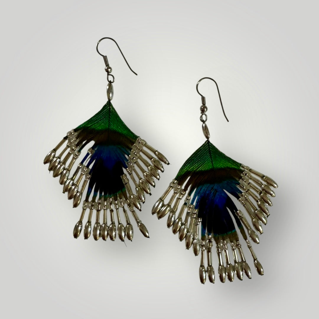 2-Tiers | Peacock Feather & Beaded Earrings | Handcrafted