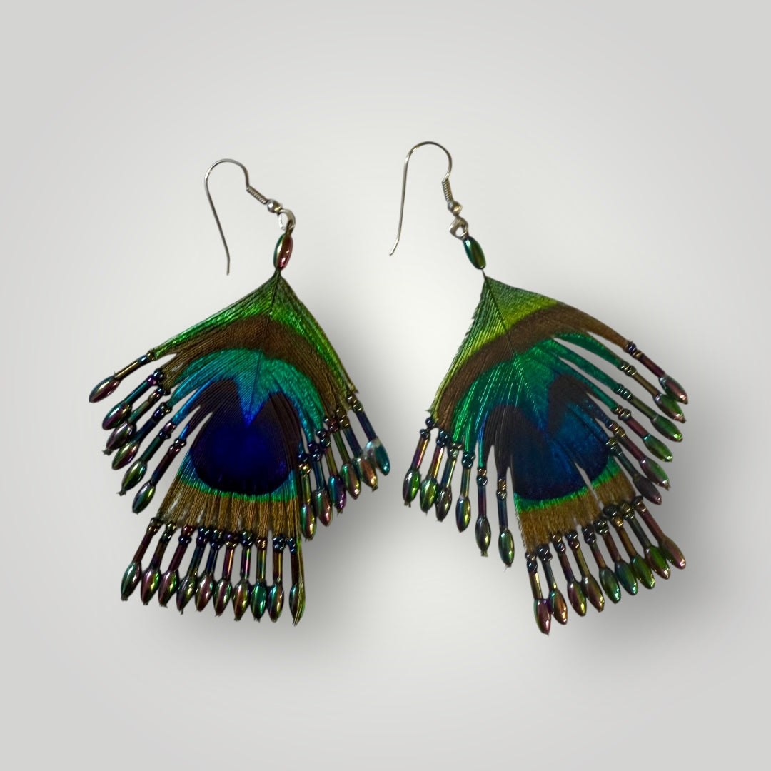 2-Tiers | Peacock Feather & Beaded Earrings | Handcrafted