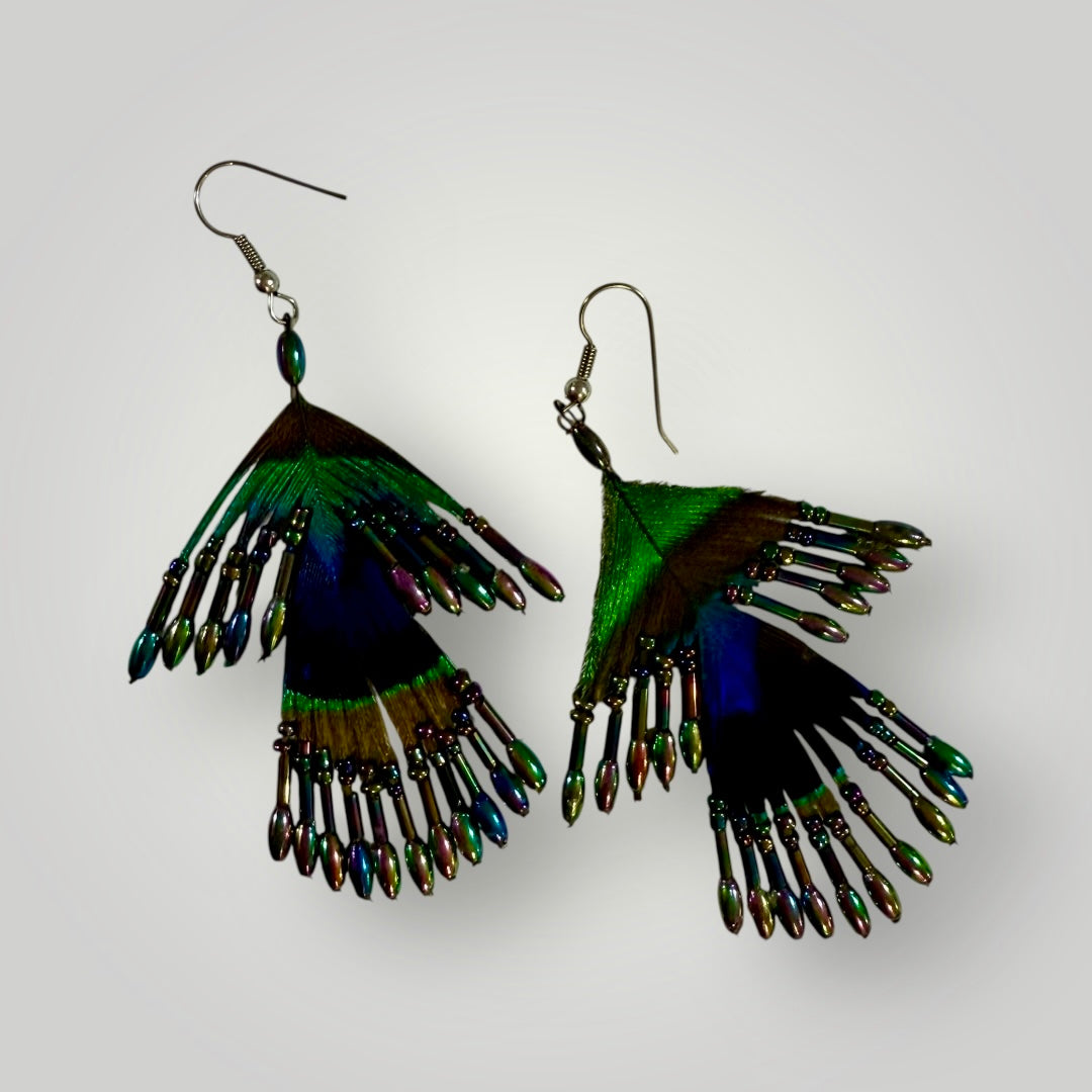 2-Tiers | Peacock Feather & Beaded Earrings | Handcrafted