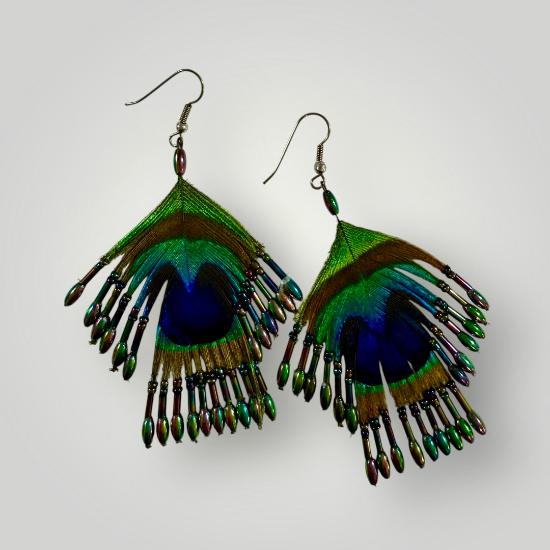 2-Tiers | Peacock Feather & Beaded Earrings | Handcrafted