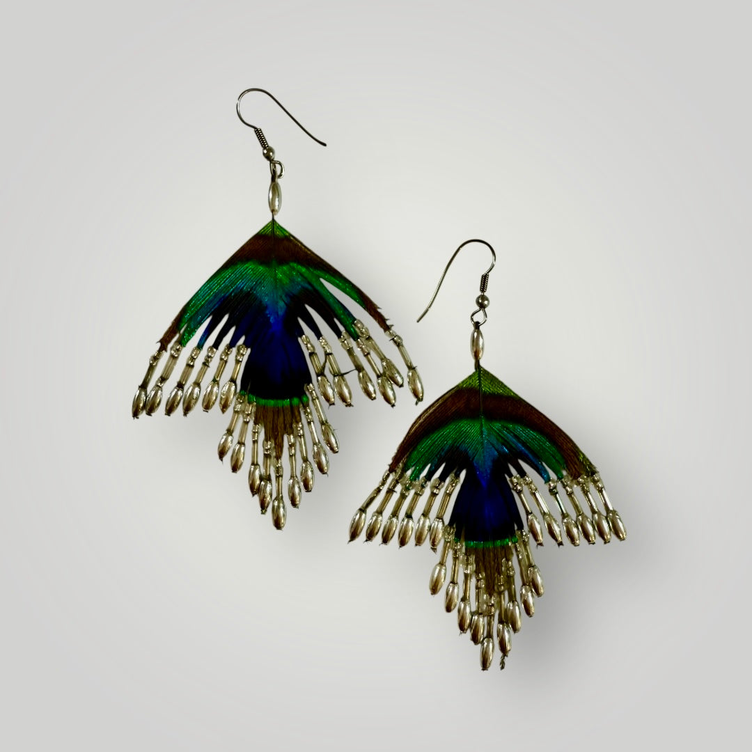 2-Tiers | Peacock Feather & Beaded Earrings | Handcrafted