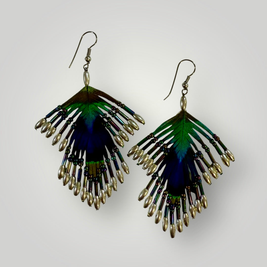 2-Tiers | Peacock Feather & Beaded Earrings | Handcrafted