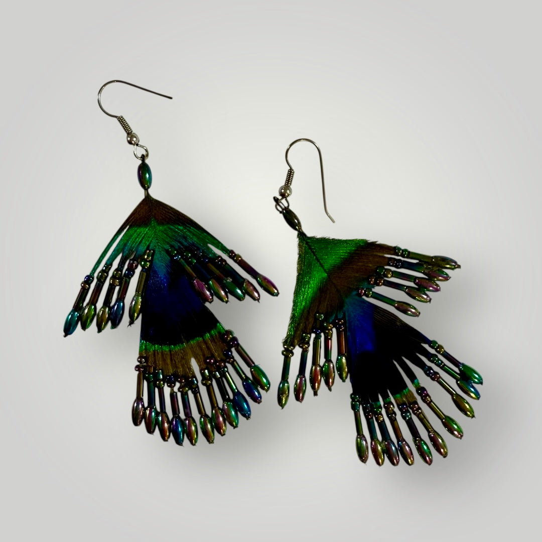 2-Tiers | Peacock Feather & Beaded Earrings | Handcrafted