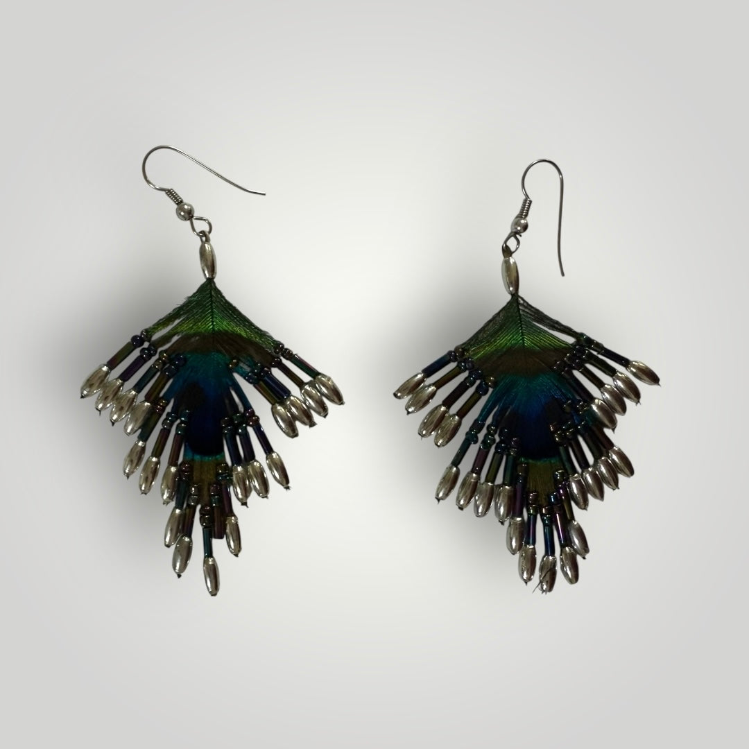 3-Tiers | Peacock Feather & Beaded Earrings | Handcrafted