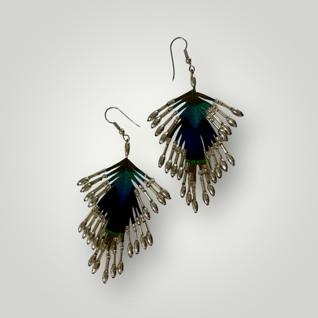 3-Tiers | Peacock Feather & Beaded Earrings | Handcrafted