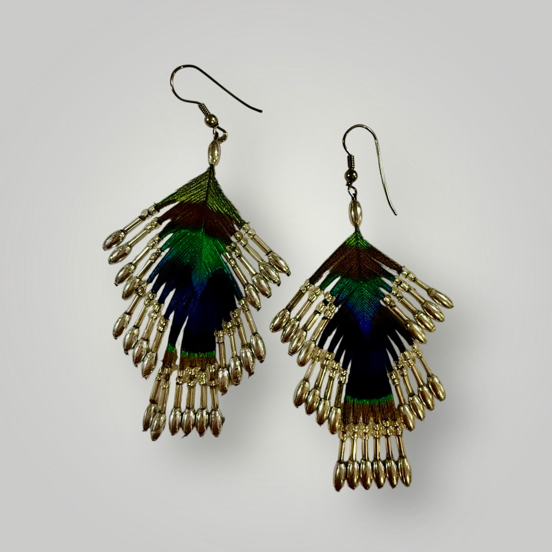 3-Tiers | Peacock Feather & Beaded Earrings | Handcrafted