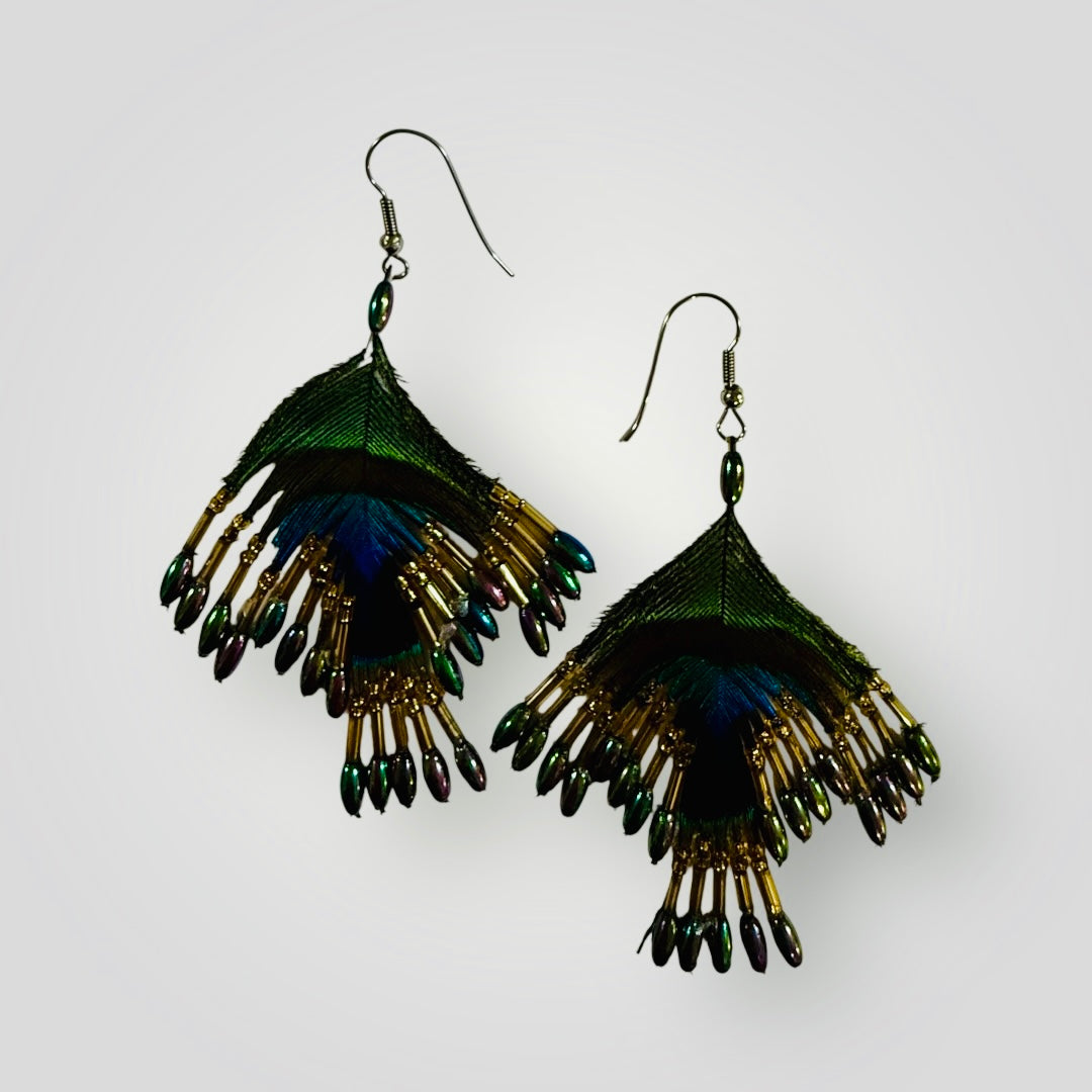 3-Tiers | Peacock Feather & Beaded Earrings | Handcrafted