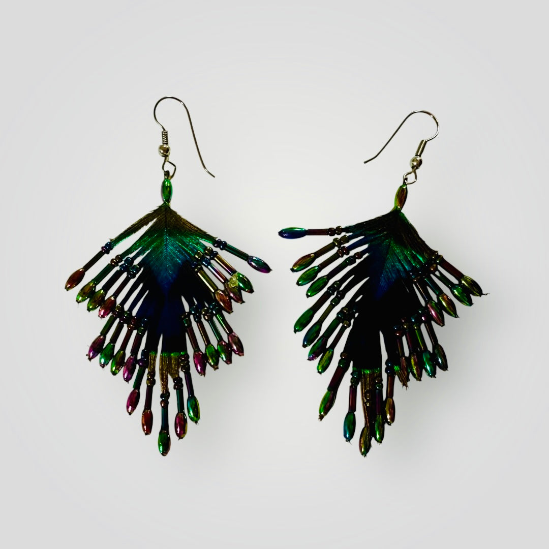 3-Tiers | Peacock Feather & Beaded Earrings | Handcrafted