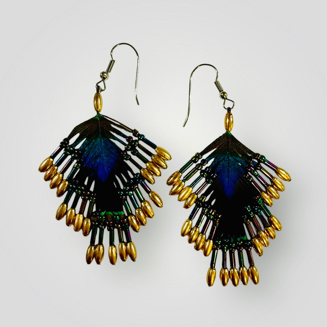 3-Tiers | Peacock Feather & Beaded Earrings | Handcrafted