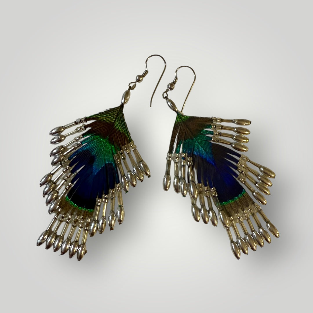 3-Tiers | Peacock Feather & Beaded Earrings | Handcrafted