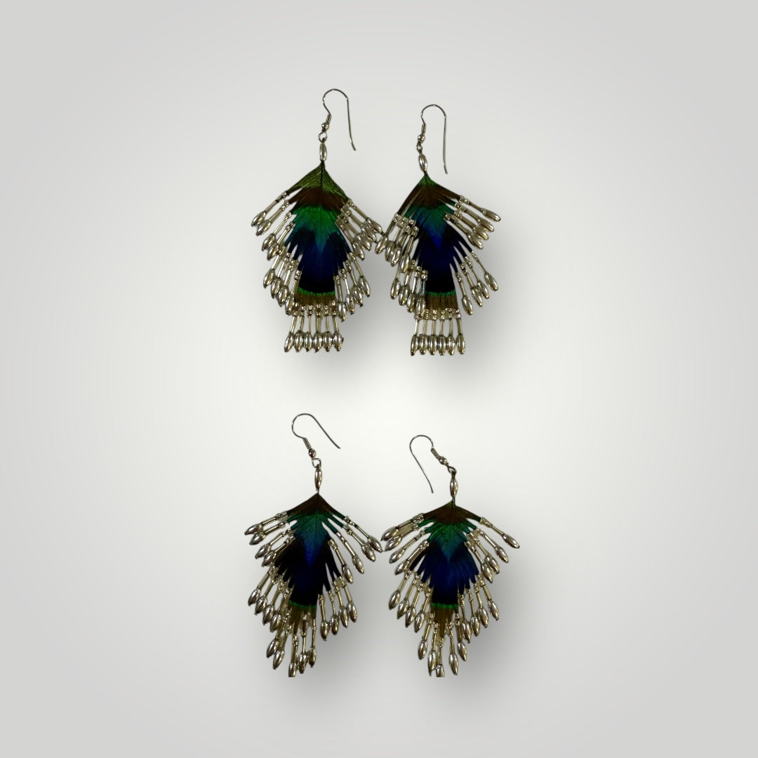3-Tiers | Peacock Feather & Beaded Earrings | Handcrafted