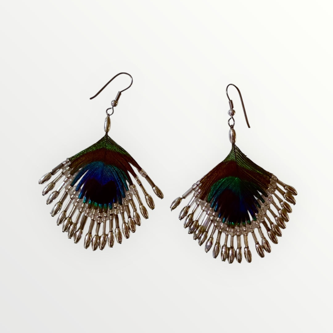 Fan | Peacock's Feather & Beaded Earrings | Handcrafted