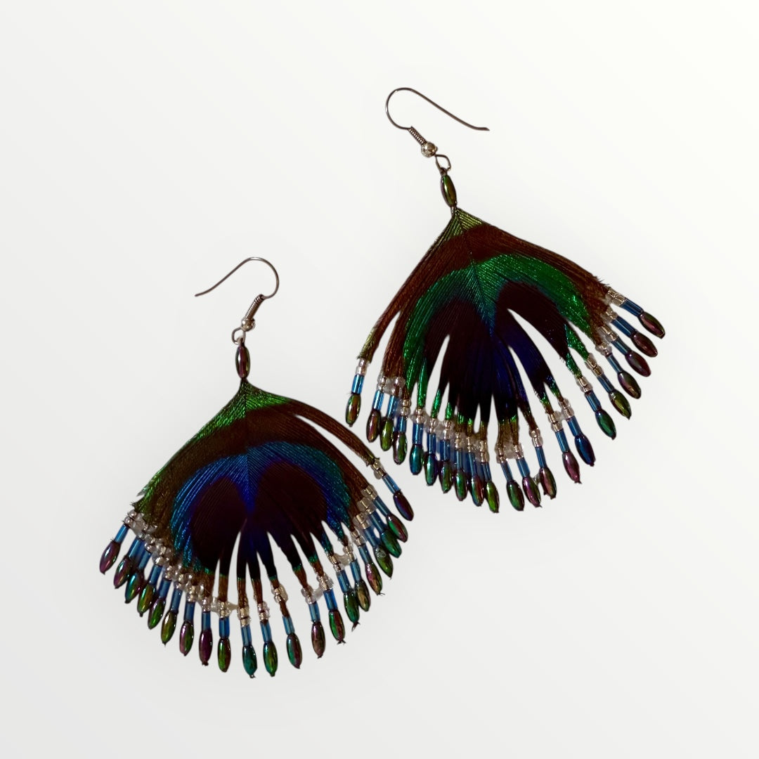 Fan | Peacock's Feather & Beaded Earrings | Handcrafted