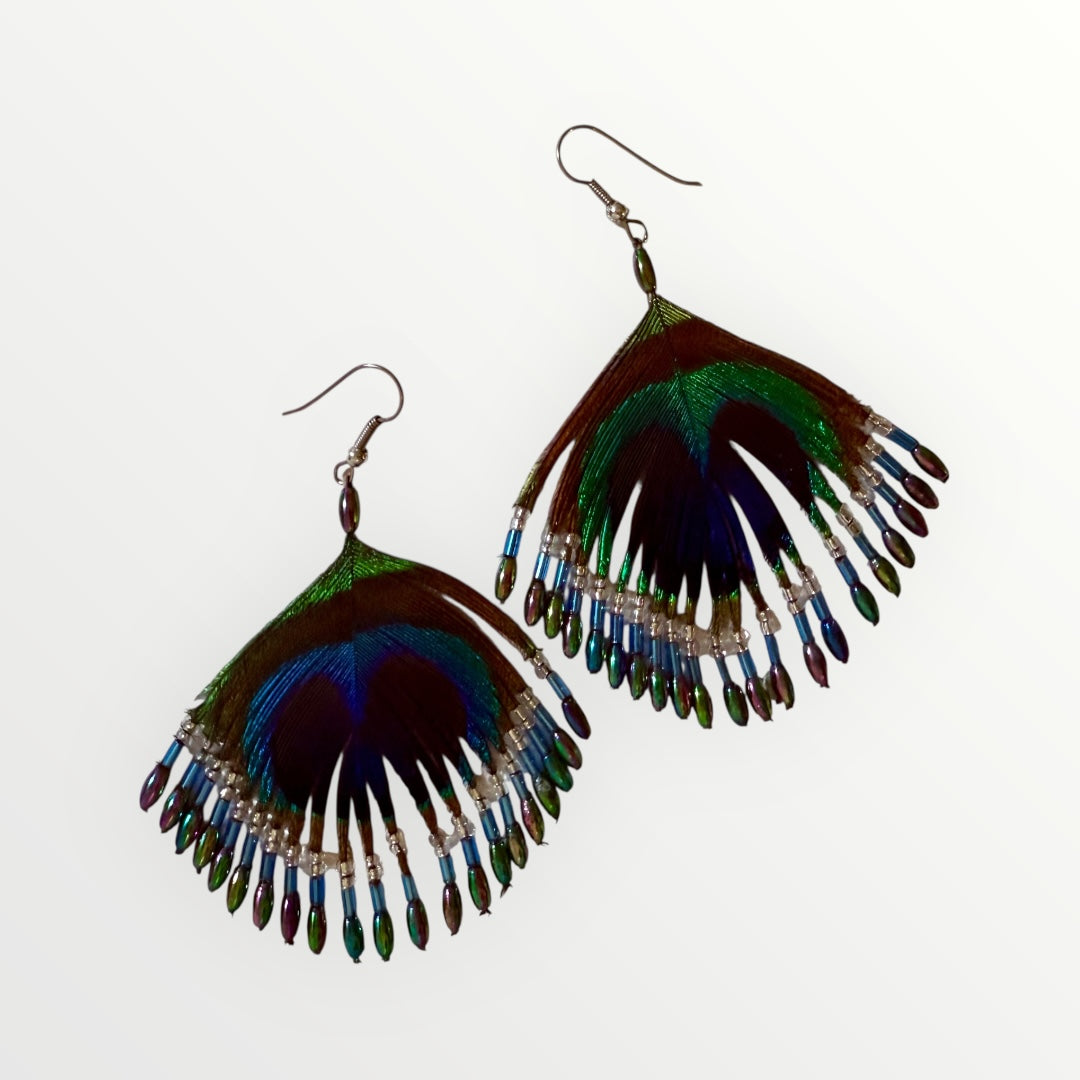 Fan | Peacock's Feather & Beaded Earrings | Handcrafted