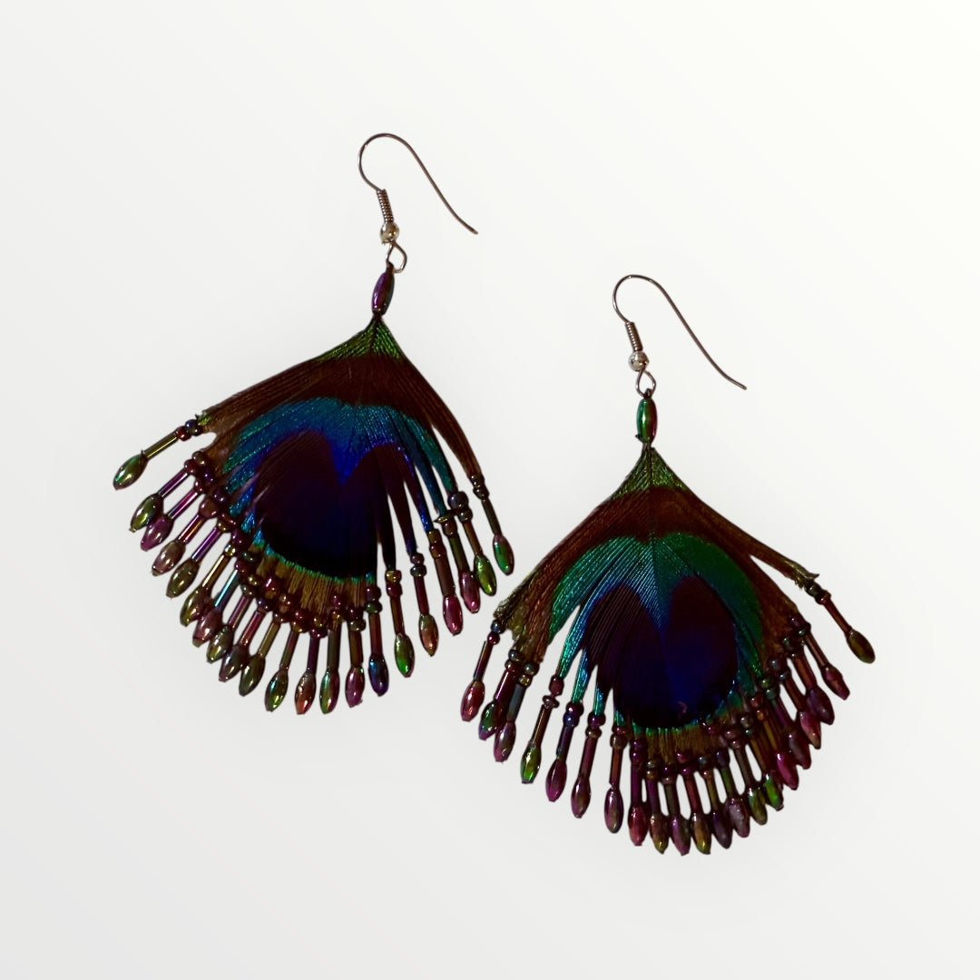 Fan | Peacock's Feather & Beaded Earrings | Handcrafted