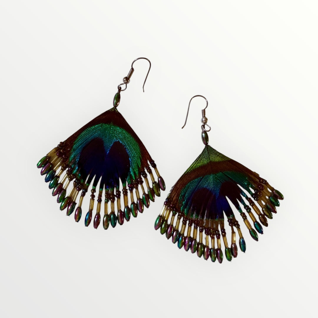 Fan | Peacock's Feather & Beaded Earrings | Handcrafted