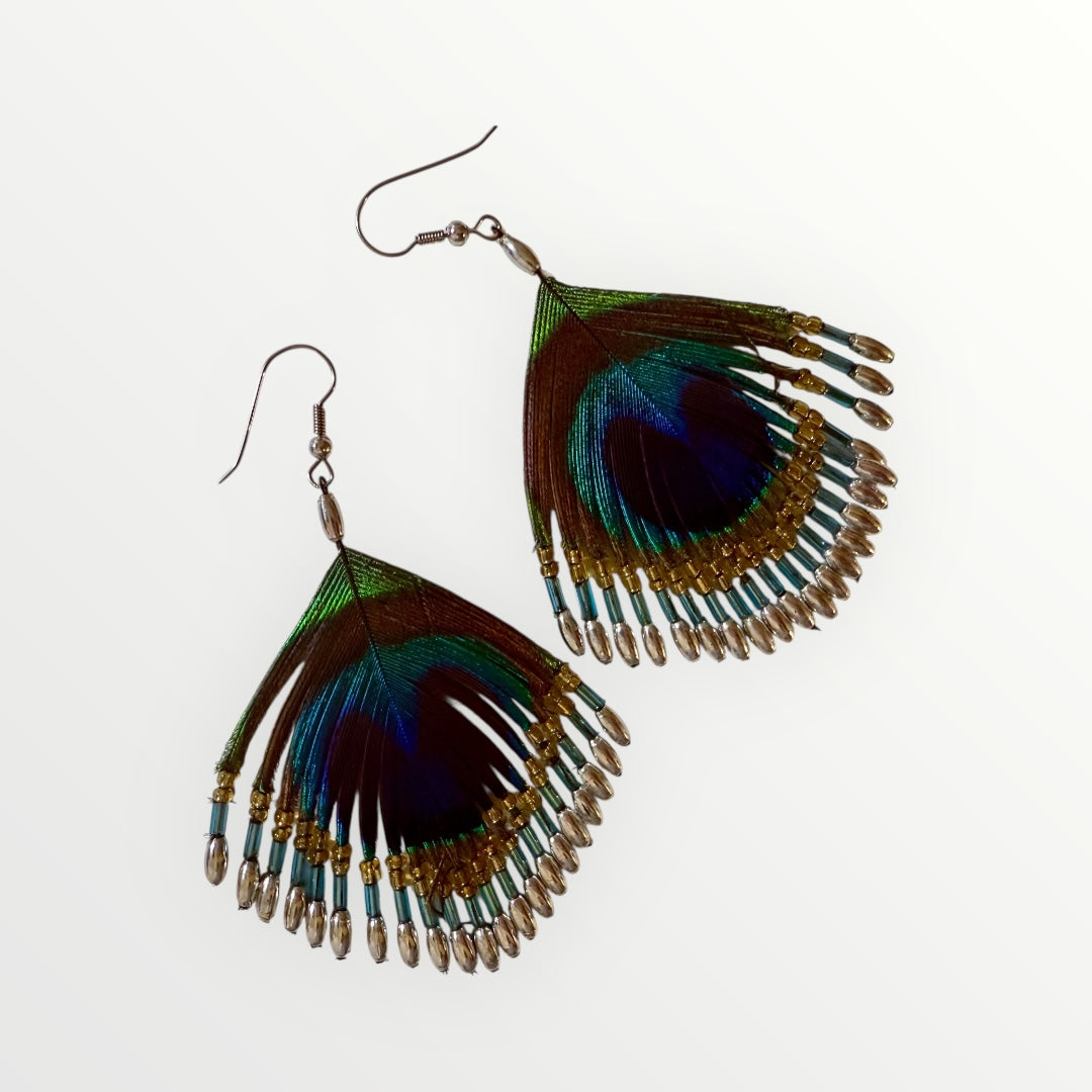 Fan | Peacock's Feather & Beaded Earrings | Handcrafted
