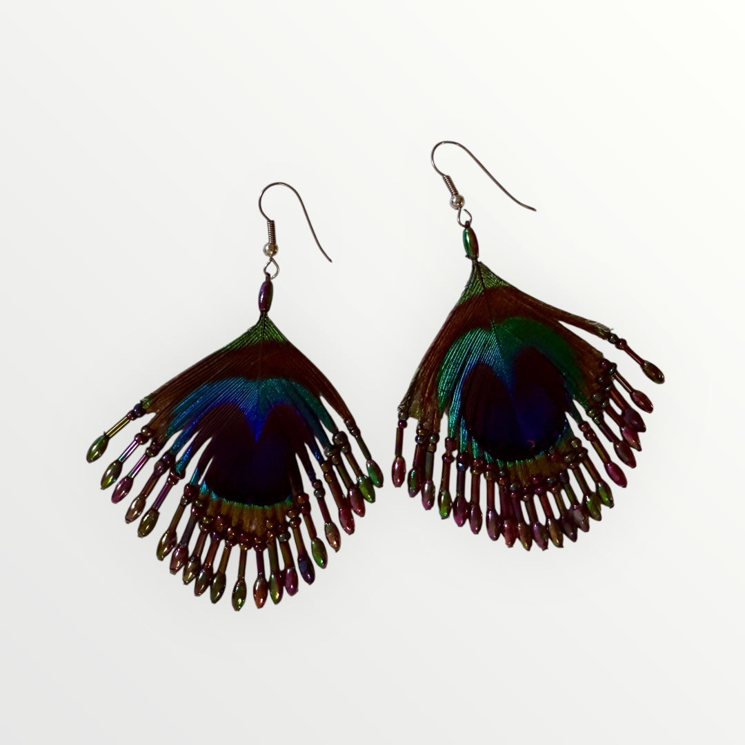 Fan | Peacock's Feather & Beaded Earrings | Handcrafted