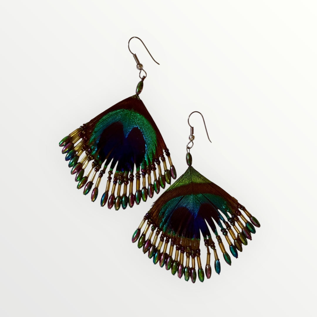 Fan | Peacock's Feather & Beaded Earrings | Handcrafted