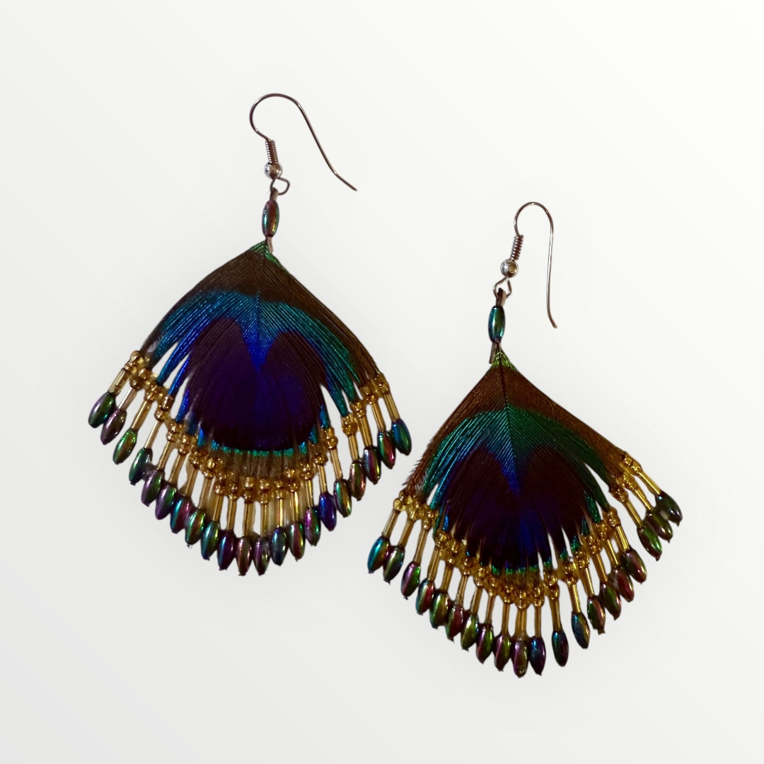 Fan | Peacock's Feather & Beaded Earrings | Handcrafted