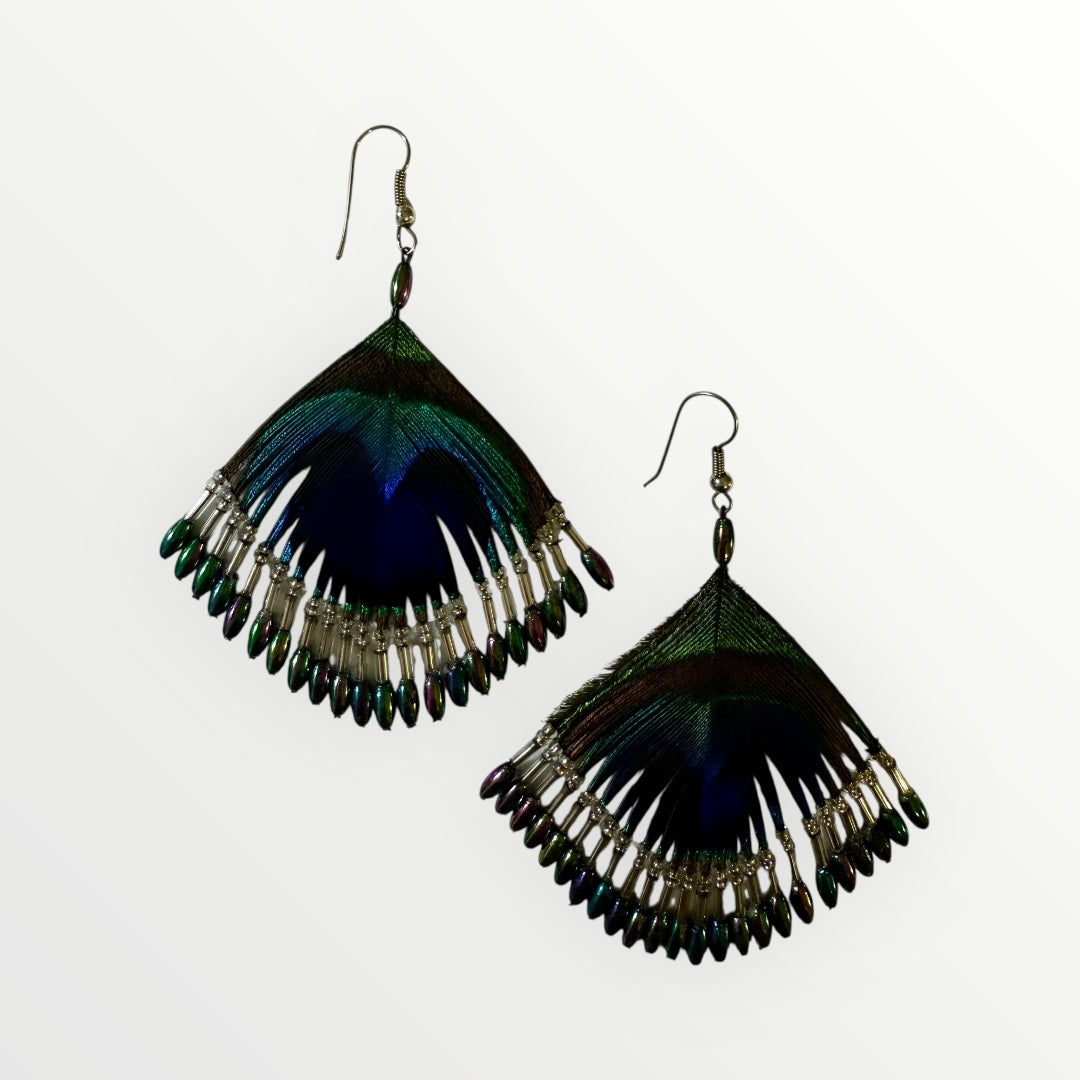Fan | Peacock's Feather & Beaded Earrings | Handcrafted