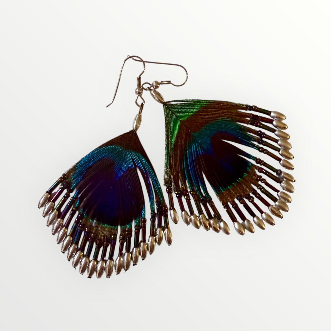 Fan | Peacock's Feather & Beaded Earrings | Handcrafted