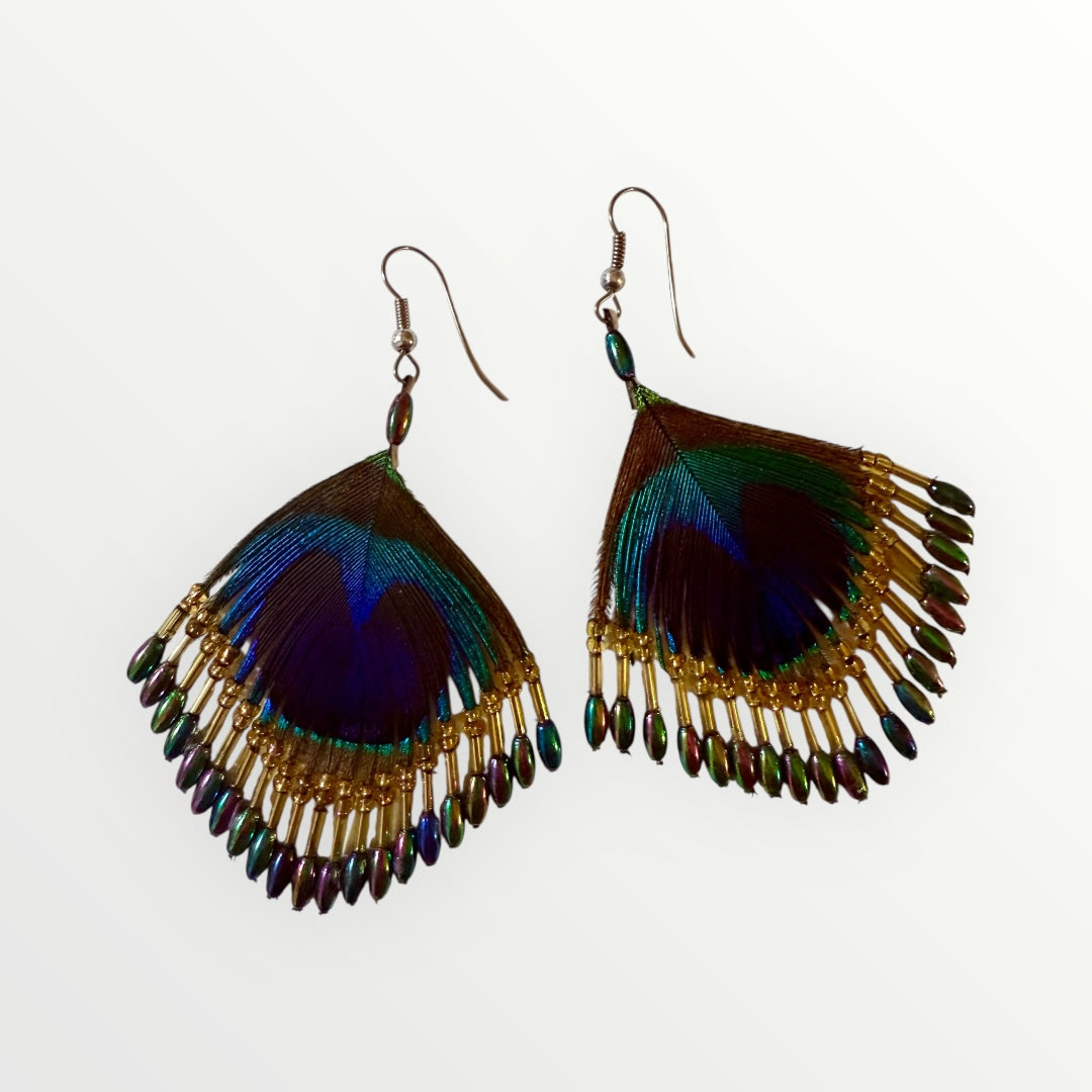 Fan | Peacock's Feather & Beaded Earrings | Handcrafted