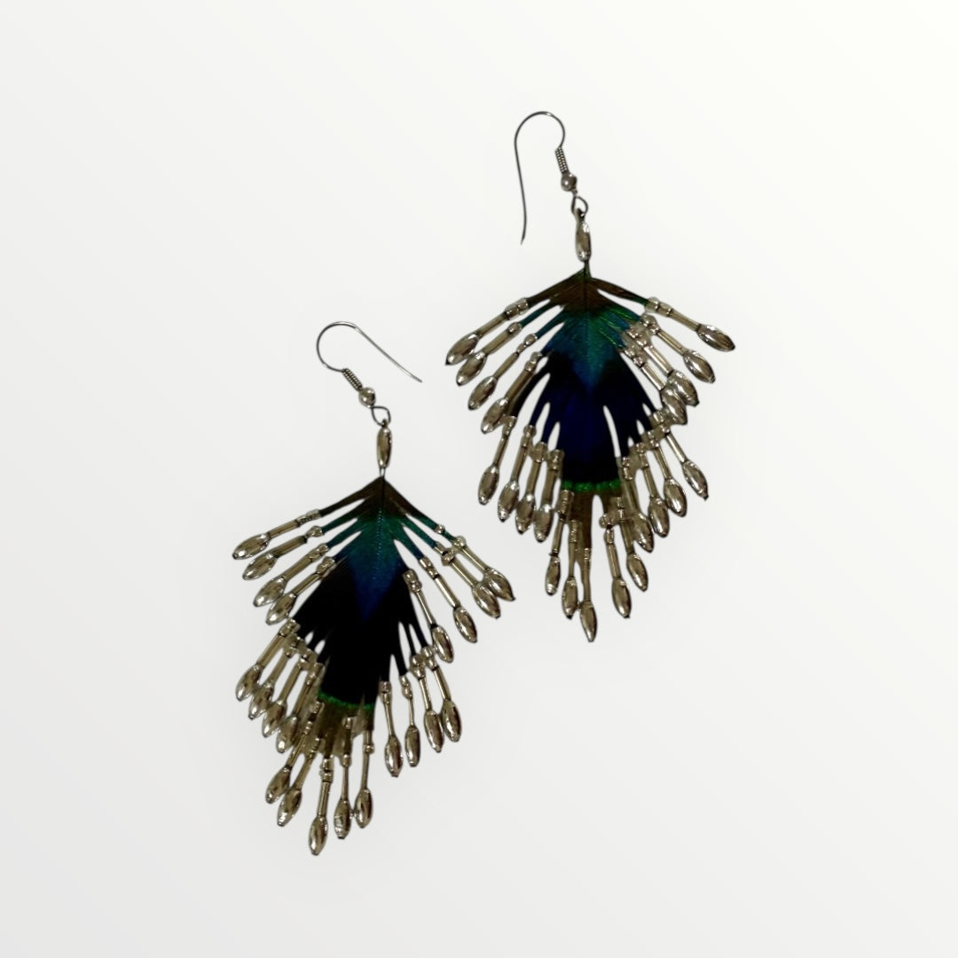 3-Tiers | Peacock Feather & Beaded Earrings | Handcrafted
