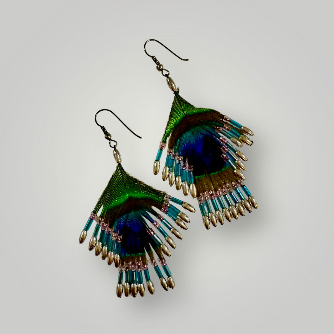 2-Tiers | Peacock Feather & Beaded Earrings | Handcrafted
