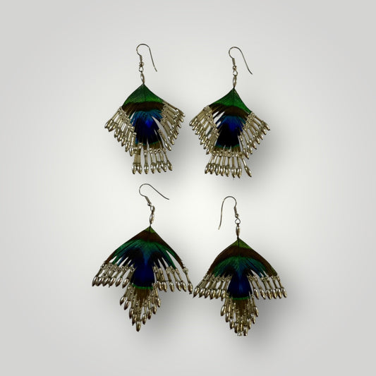 2-Tiers | Peacock Feather & Beaded Earrings | Handcrafted