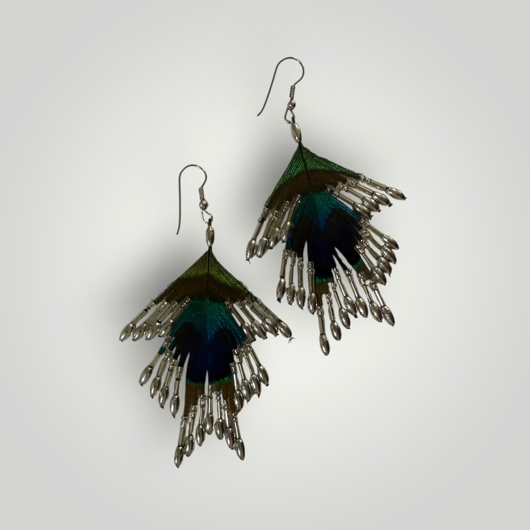 3-Tiers | Peacock Feather & Beaded Earrings | Handcrafted