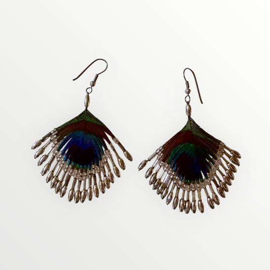 Fan | Peacock's Feather & Beaded Earrings | Handcrafted