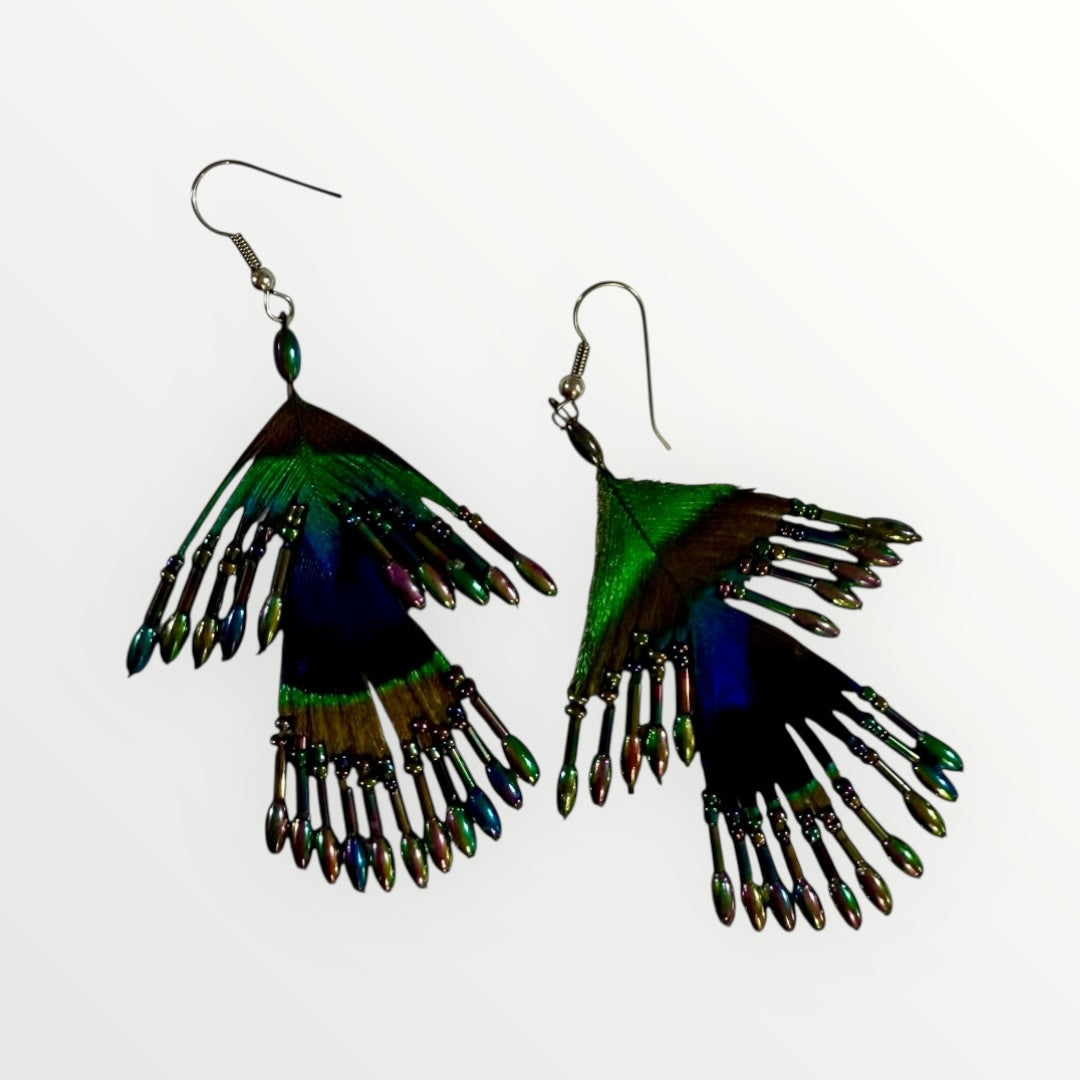 3-Tiers | Peacock Feather & Beaded Earrings | Handcrafted